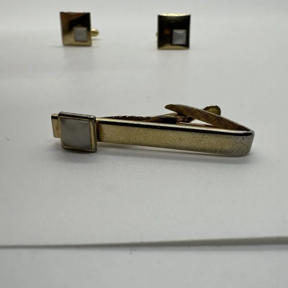 Vintage Gold Cufflinks With Matching Tie Clip White gem Antique Set